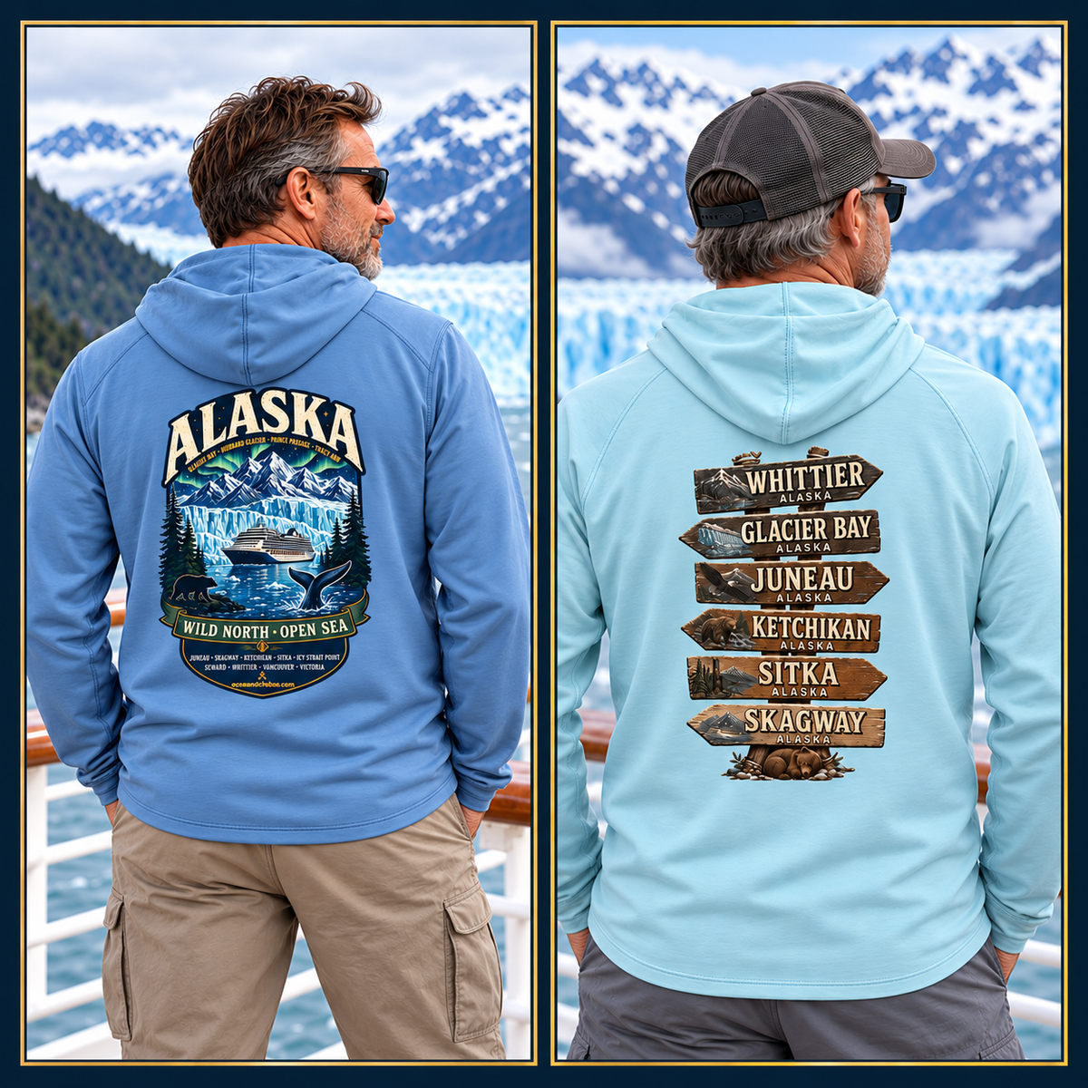 Alaska Cruise and Alaska Town Sign performance hoodies: two distinct designs