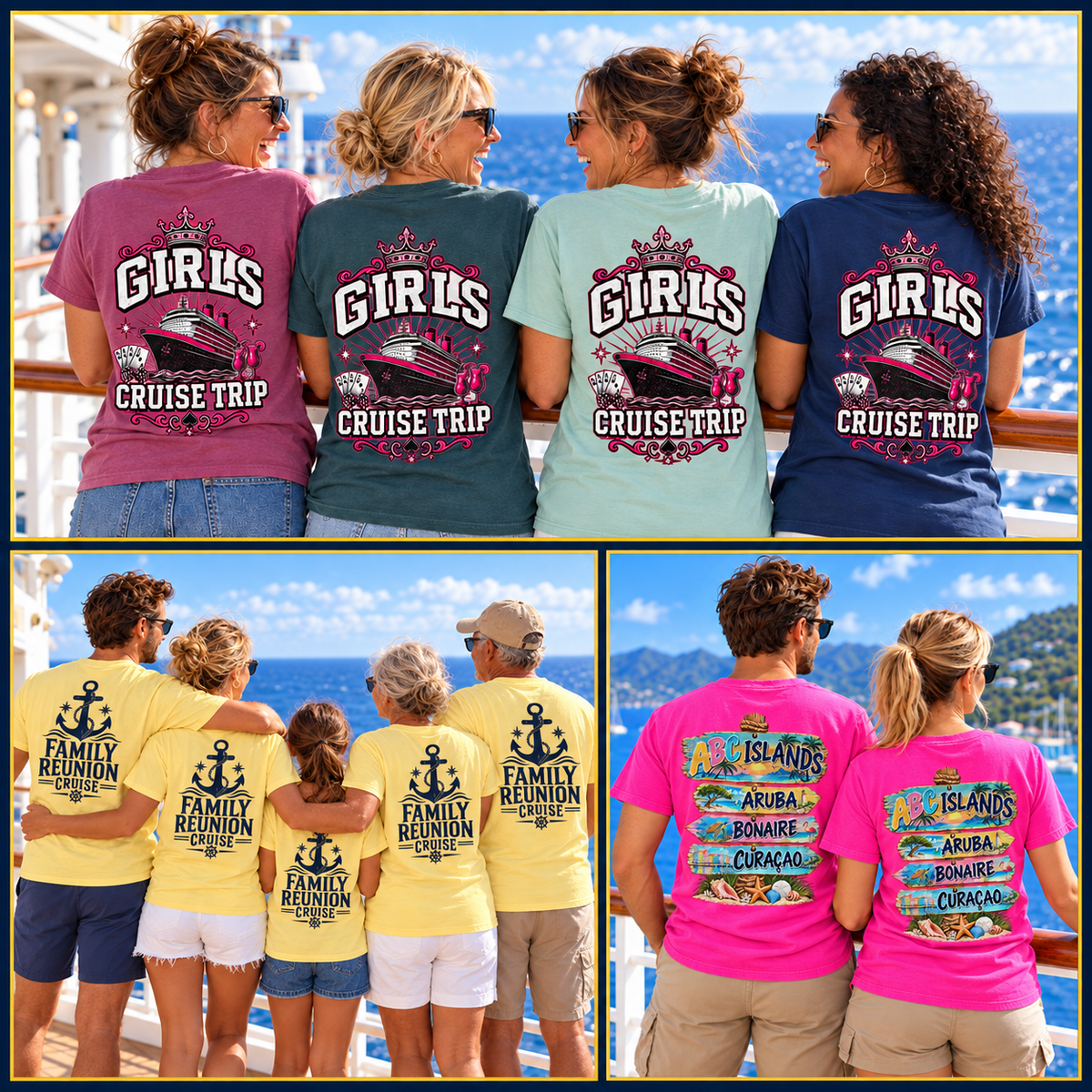 Girls Cruise Trip group in four shirt colors, Family Reunion Cruise group and matching ABC Islands couple