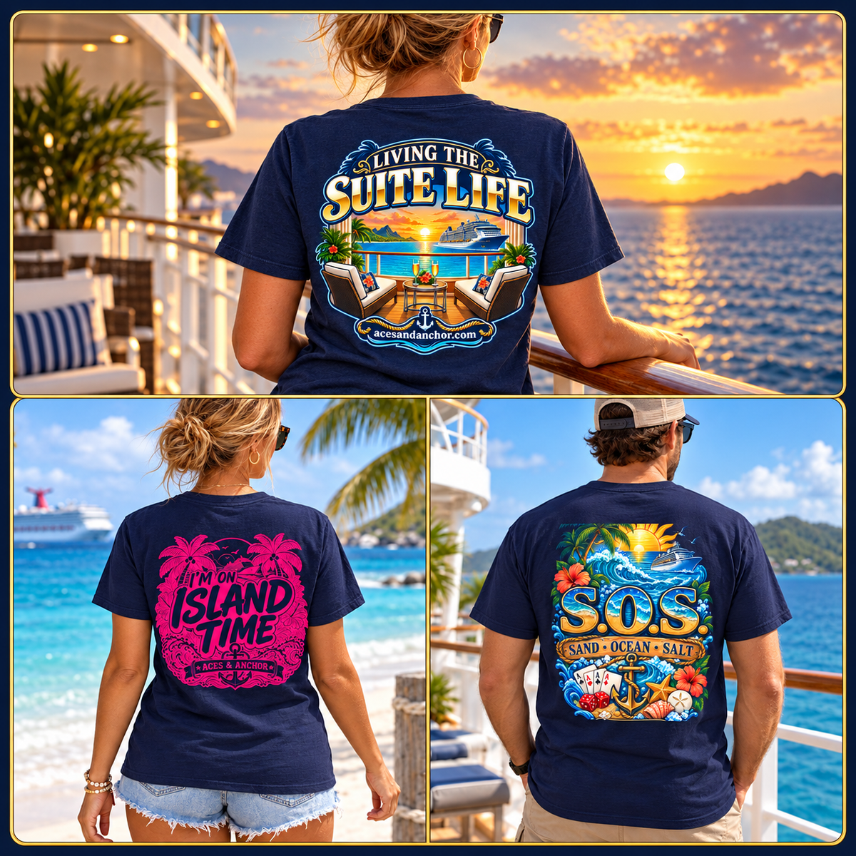Living the Suite Life, Island Time and S.O.S cruise T-shirt designs