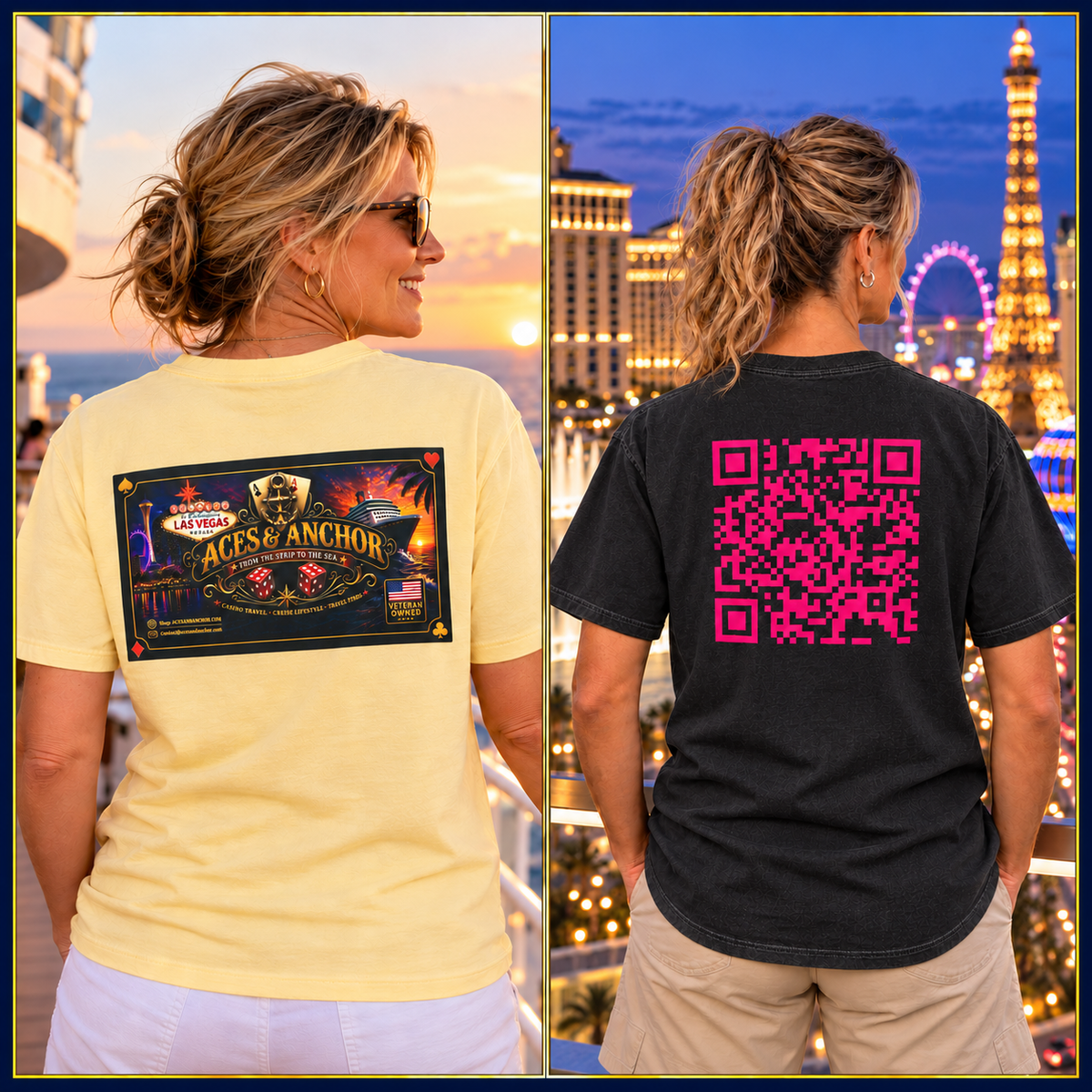 Signature Aces & Anchor shirt and Pink QR shirt: two distinct designs