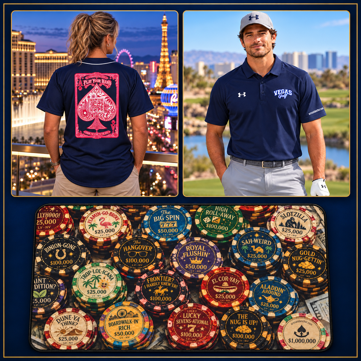 One Pink Ace baseball jersey, one Blue Vegas Golf polo and Casino Poker Chip Desk Mat