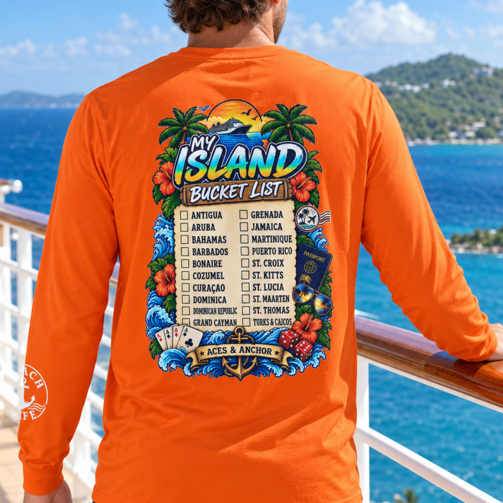 Caribbean Island Bucket List Long Sleeve T-Shirt back artwork detail