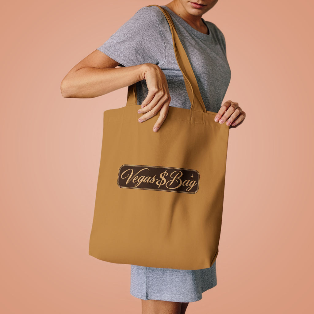 Vegas $ Bag  Bay Cotton Tote — Vintage Script Reusable Shopper with Gold Embroidery Quote
