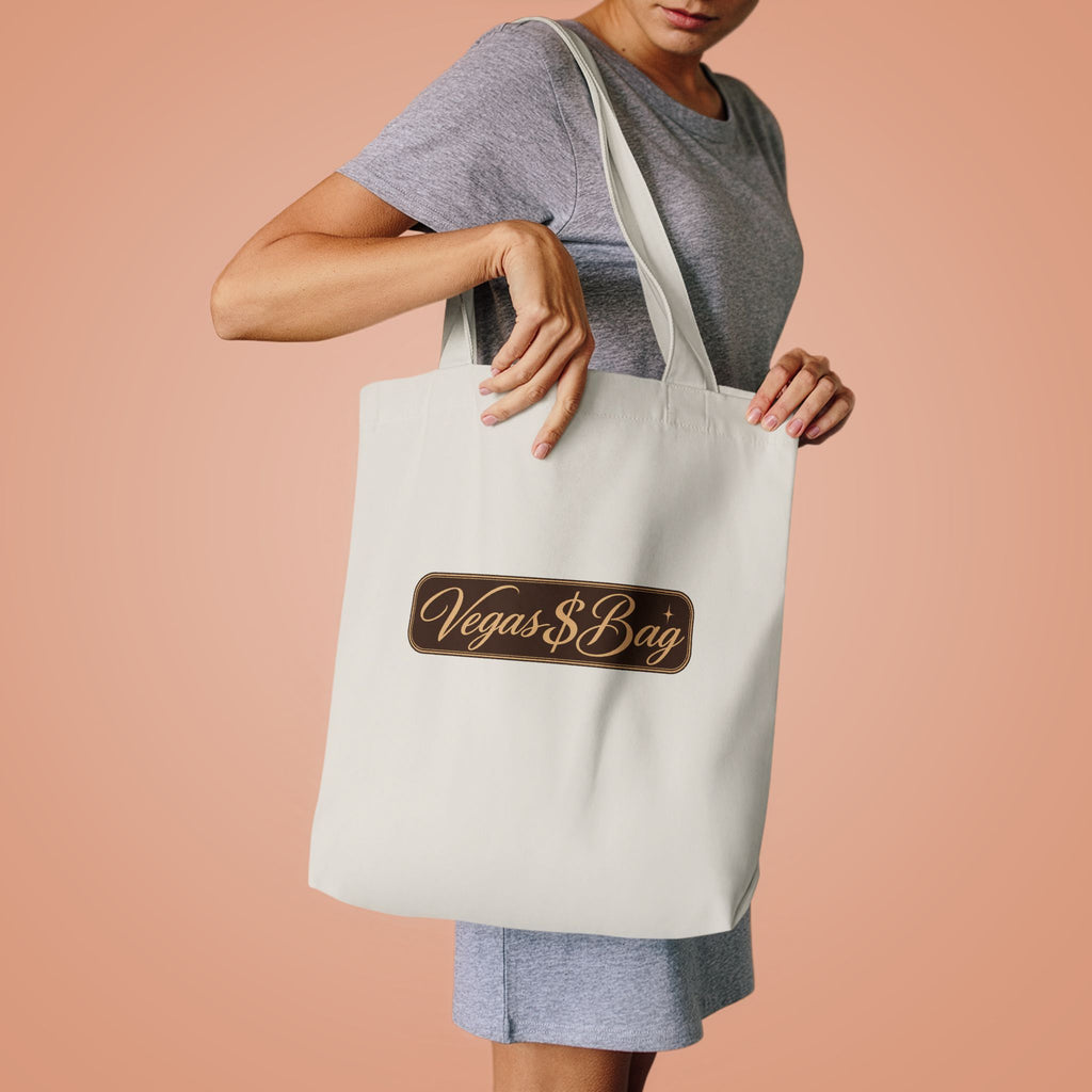 Vegas $ Bag  Bay Cotton Tote — Vintage Script Reusable Shopper with Gold Embroidery Quote