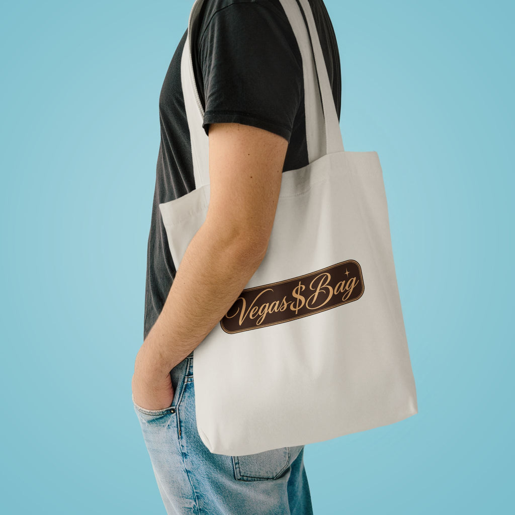 Vegas $ Bag  Bay Cotton Tote — Vintage Script Reusable Shopper with Gold Embroidery Quote
