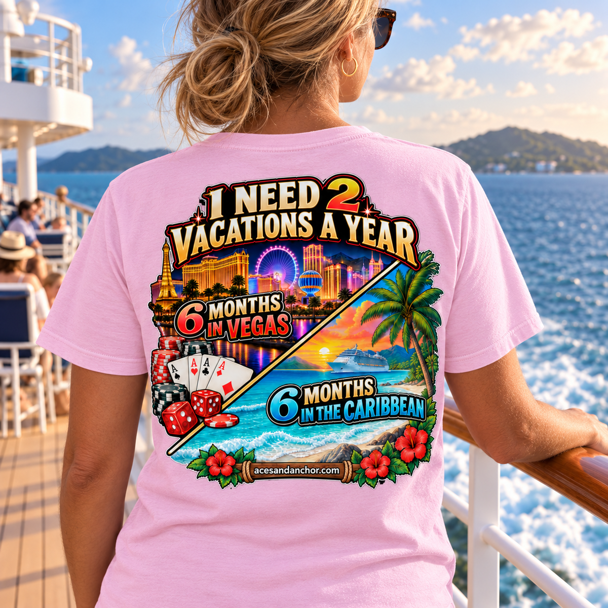 Woman wearing 2 Vacations a Year T-shirt in Blossom, back view