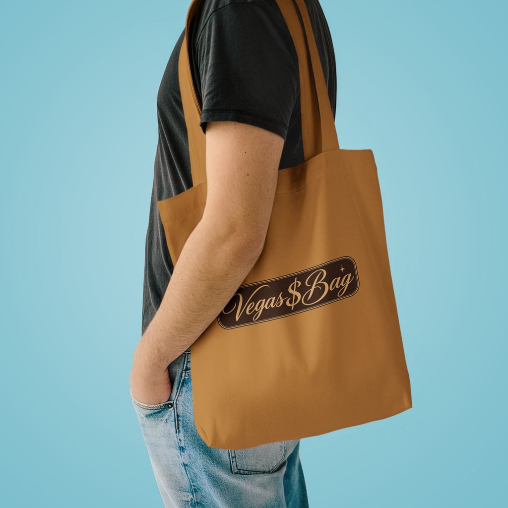 Vegas $ Bag  Bay Cotton Tote — Vintage Script Reusable Shopper with Gold Embroidery Quote