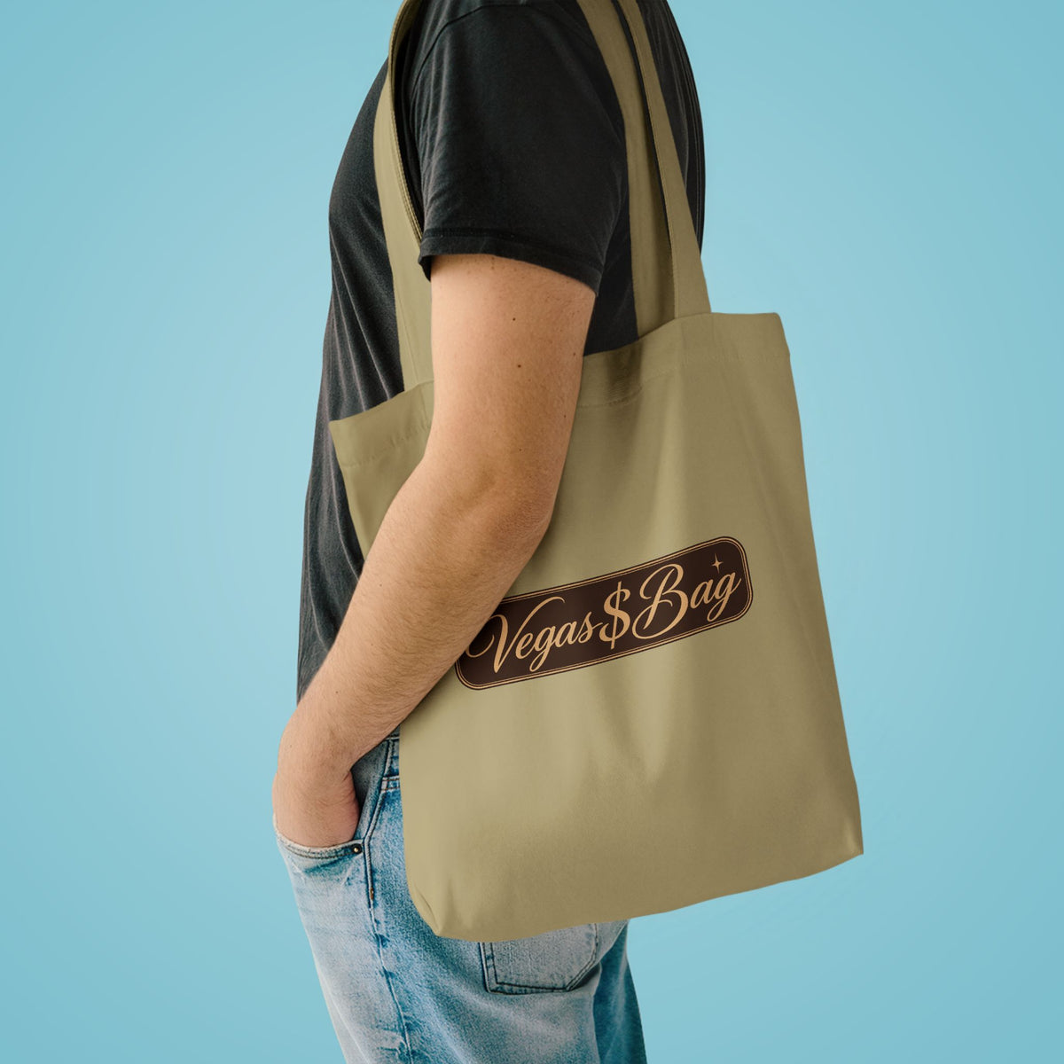 Vegas $ Bag  Bay Cotton Tote — Vintage Script Reusable Shopper with Gold Embroidery Quote