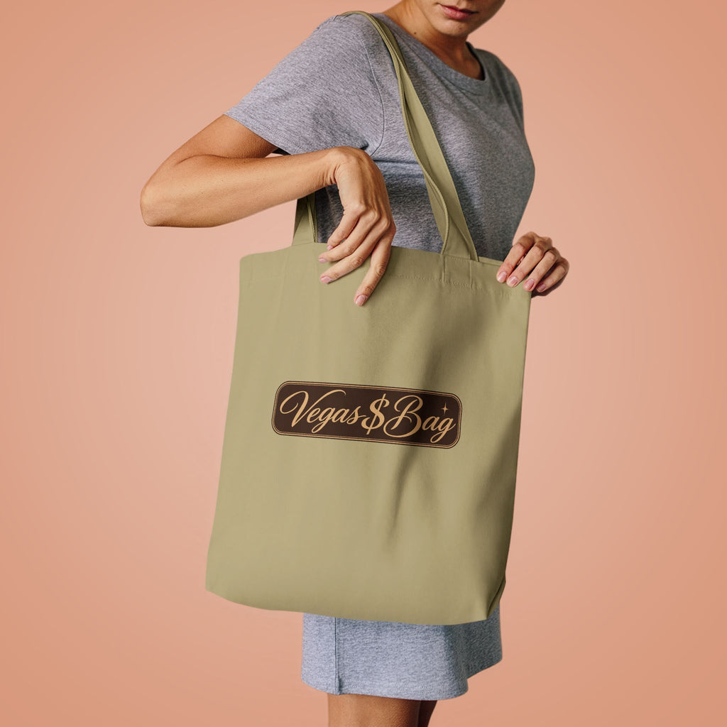 Vegas $ Bag  Bay Cotton Tote — Vintage Script Reusable Shopper with Gold Embroidery Quote