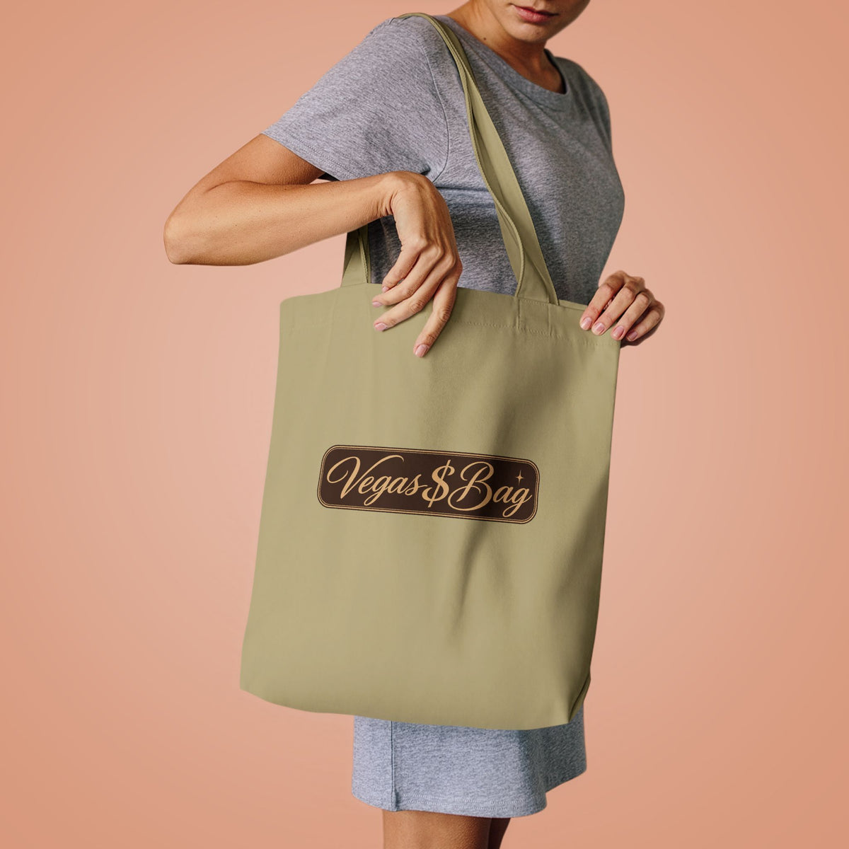 Vegas $ Bag  Bay Cotton Tote — Vintage Script Reusable Shopper with Gold Embroidery Quote