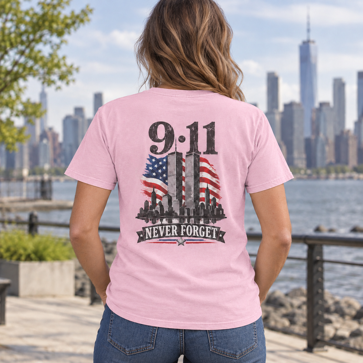 Woman wearing 9/11 Never Forget T-shirt in Blossom, back view