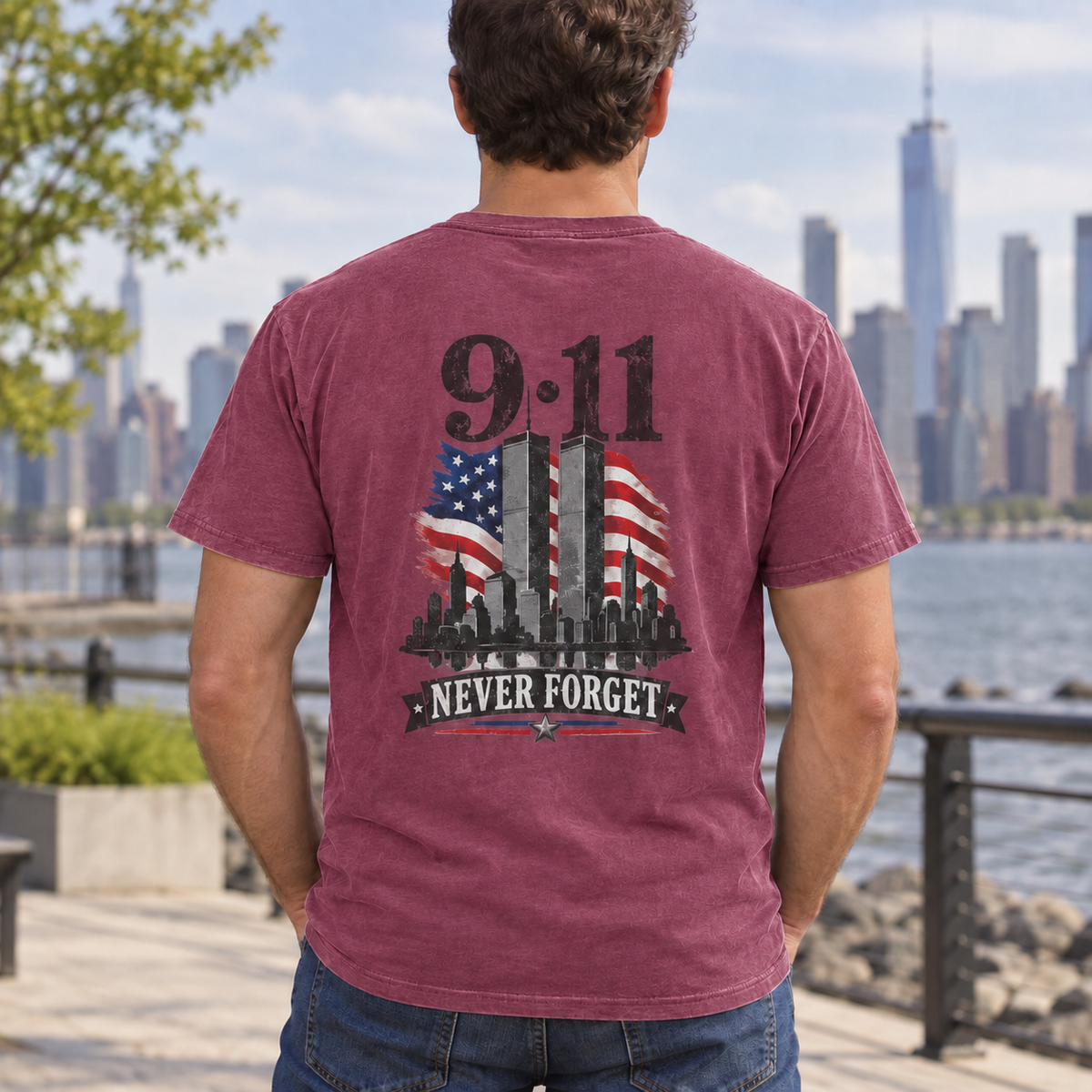 Male model wearing 9/11 Never Forget T-shirt in Berry, back view