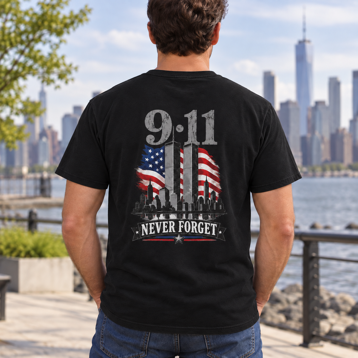 Male model wearing 9/11 Never Forget T-shirt in Black, back view