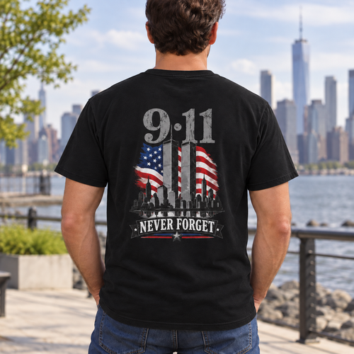 Male model wearing 9/11 Never Forget T-shirt in Black, back view