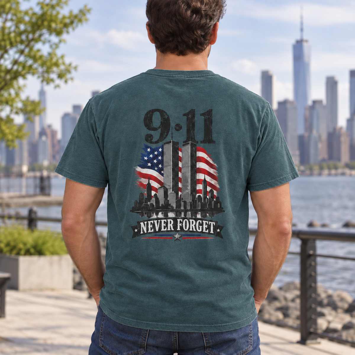 Male model wearing 9/11 Never Forget T-shirt in Blue Spruce, back view