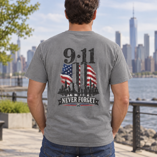 Male model wearing the 9/11 Never Forget T-shirt, back view
