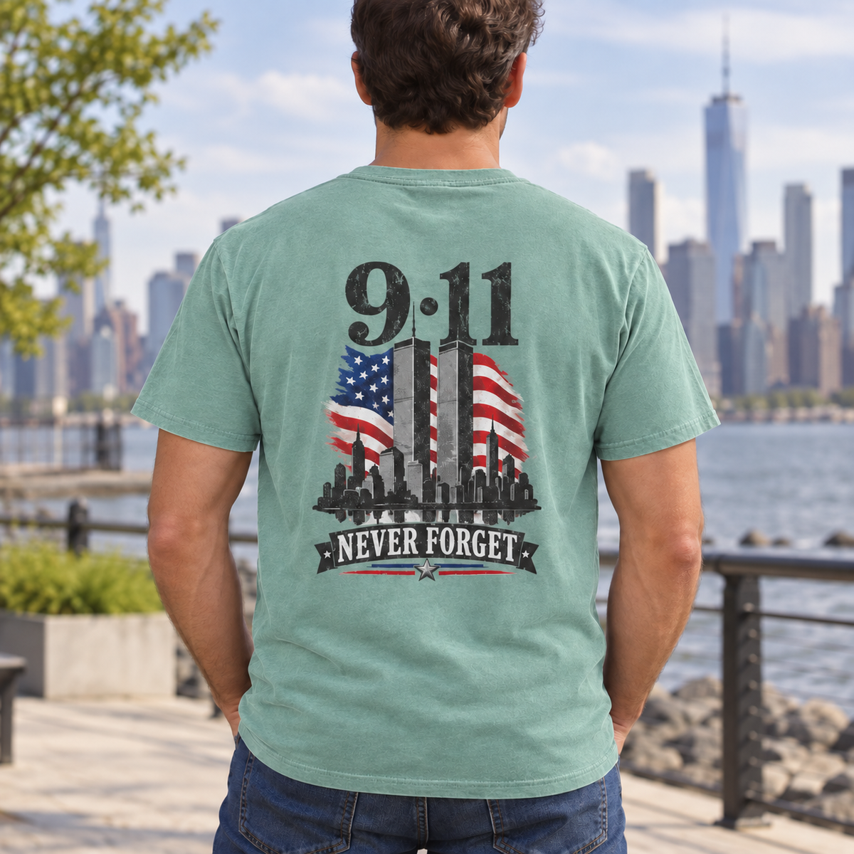 Male model wearing 9/11 Never Forget T-shirt in Seafoam, back view
