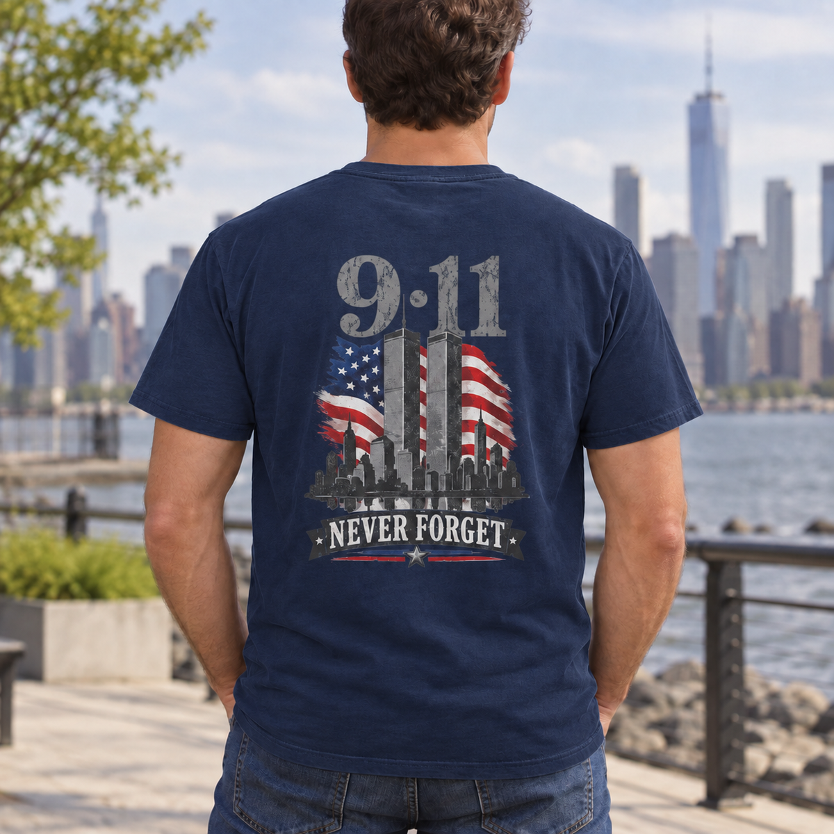 Male model wearing 9/11 Never Forget T-shirt in True Navy, back view