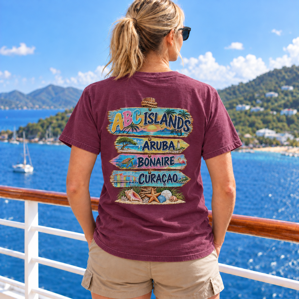 Woman wearing ABC Islands T-Shirt in Berry, realistic back view