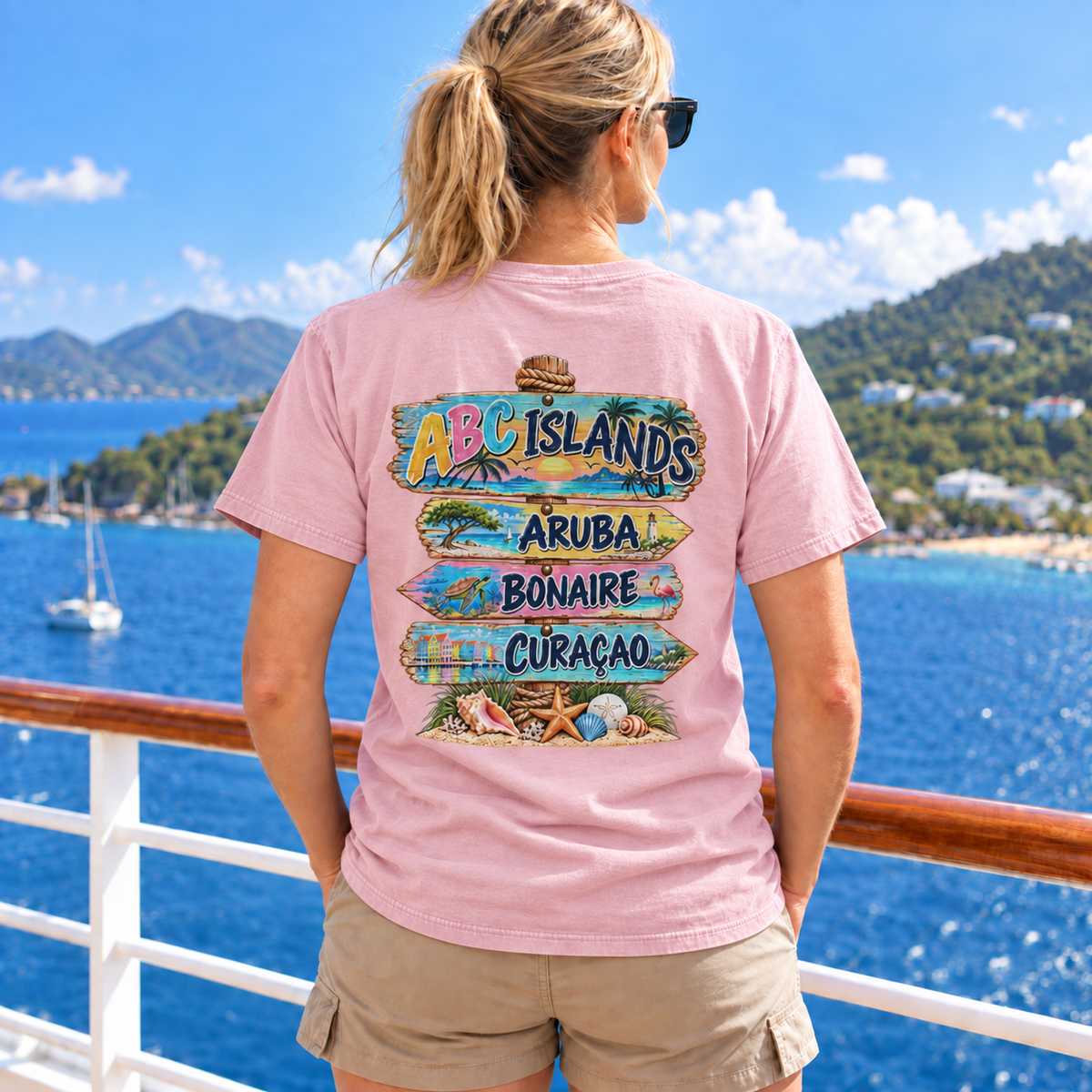Woman wearing ABC Islands T-Shirt in Blossom, realistic back view