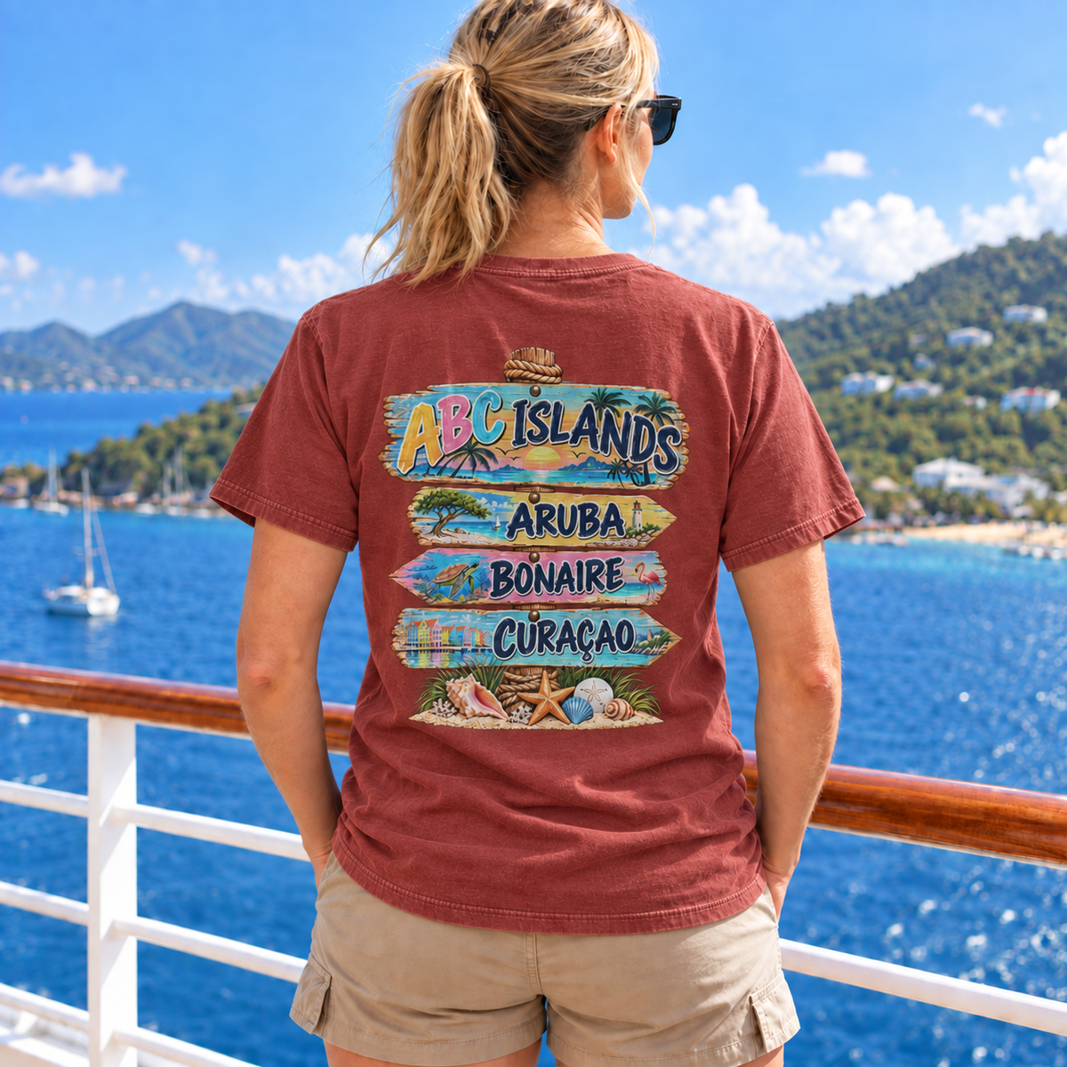 Woman wearing ABC Islands T-Shirt in Brick, realistic back view
