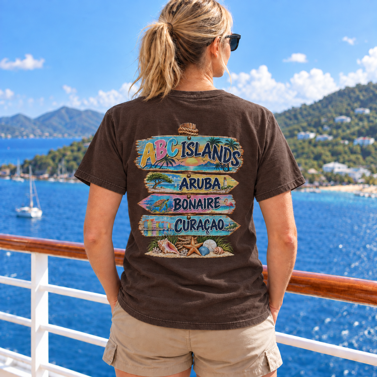 Woman wearing ABC Islands T-Shirt in Espresso, realistic back view
