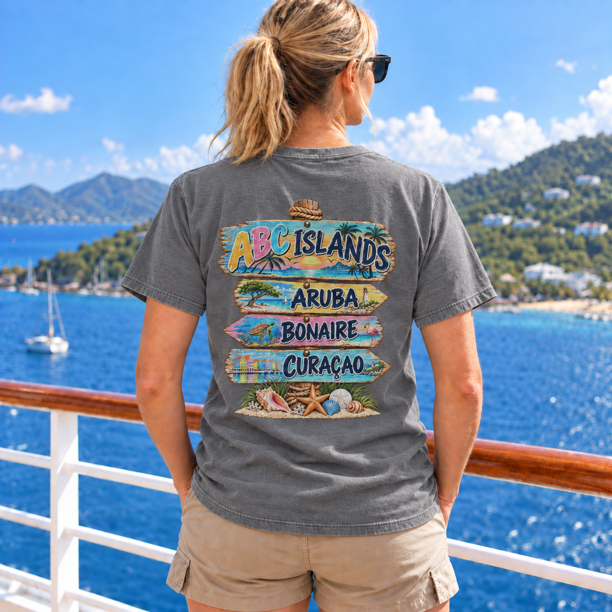 Woman wearing ABC Islands T-Shirt in Grey, realistic back view
