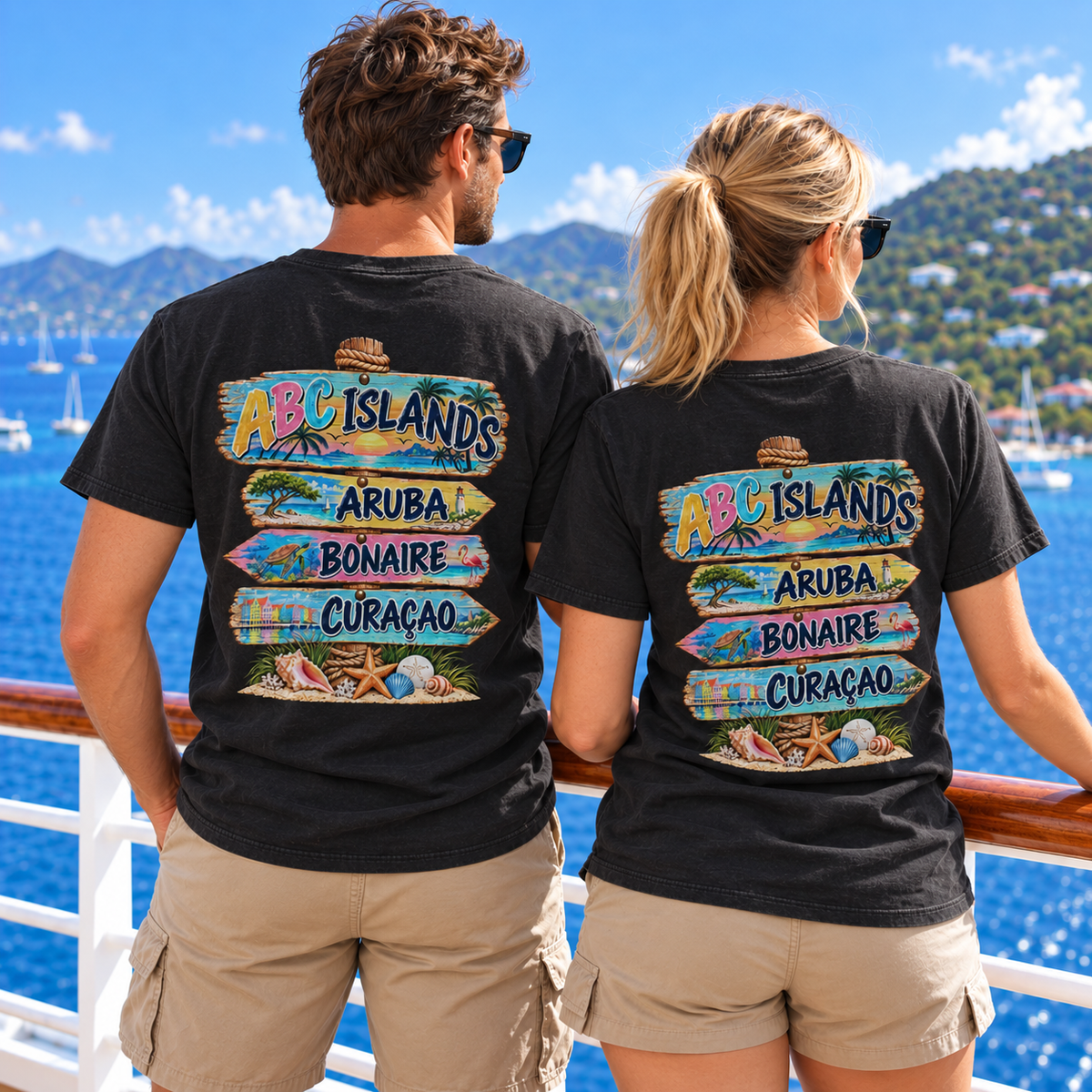 Man and woman wearing matching ABC Islands T-shirts on a cruise