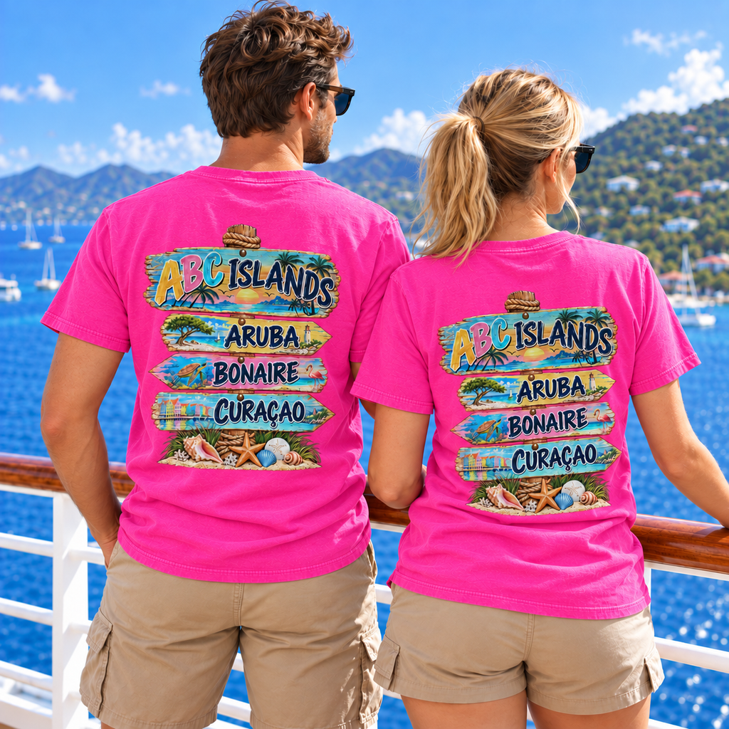 Man and woman wearing matching pink ABC Islands T-shirts on a cruise