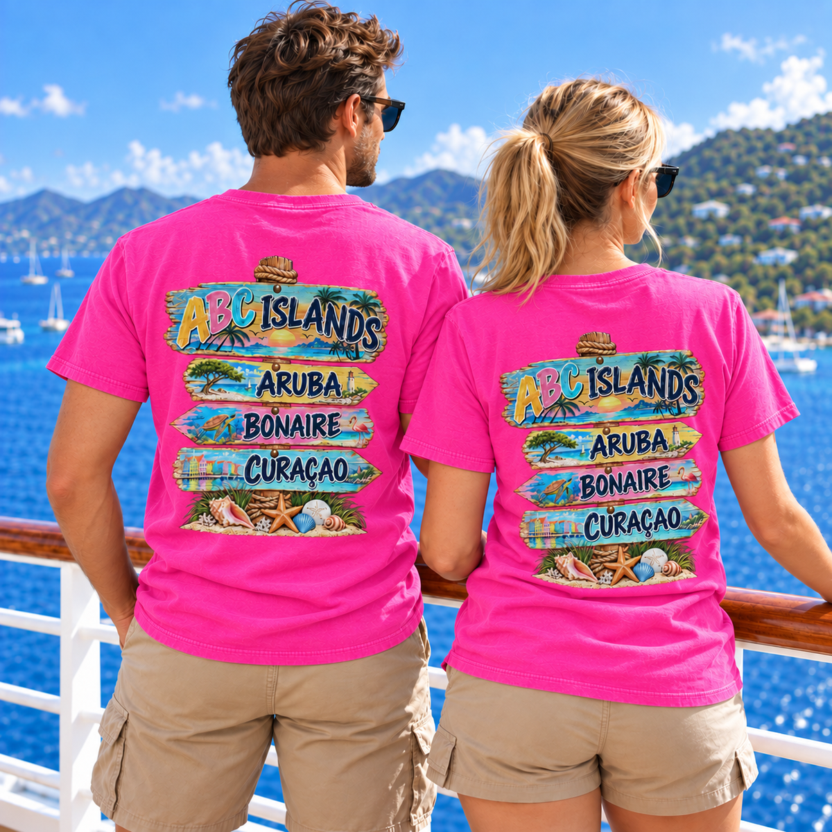 Man and woman wearing matching pink ABC Islands T-shirts on a cruise
