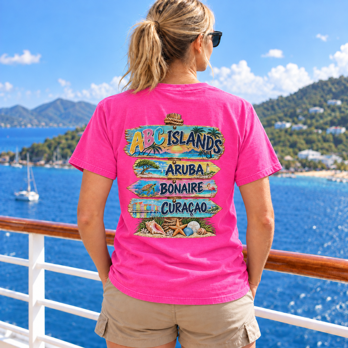 Woman wearing ABC Islands T-Shirt in Neon Pink, realistic back view