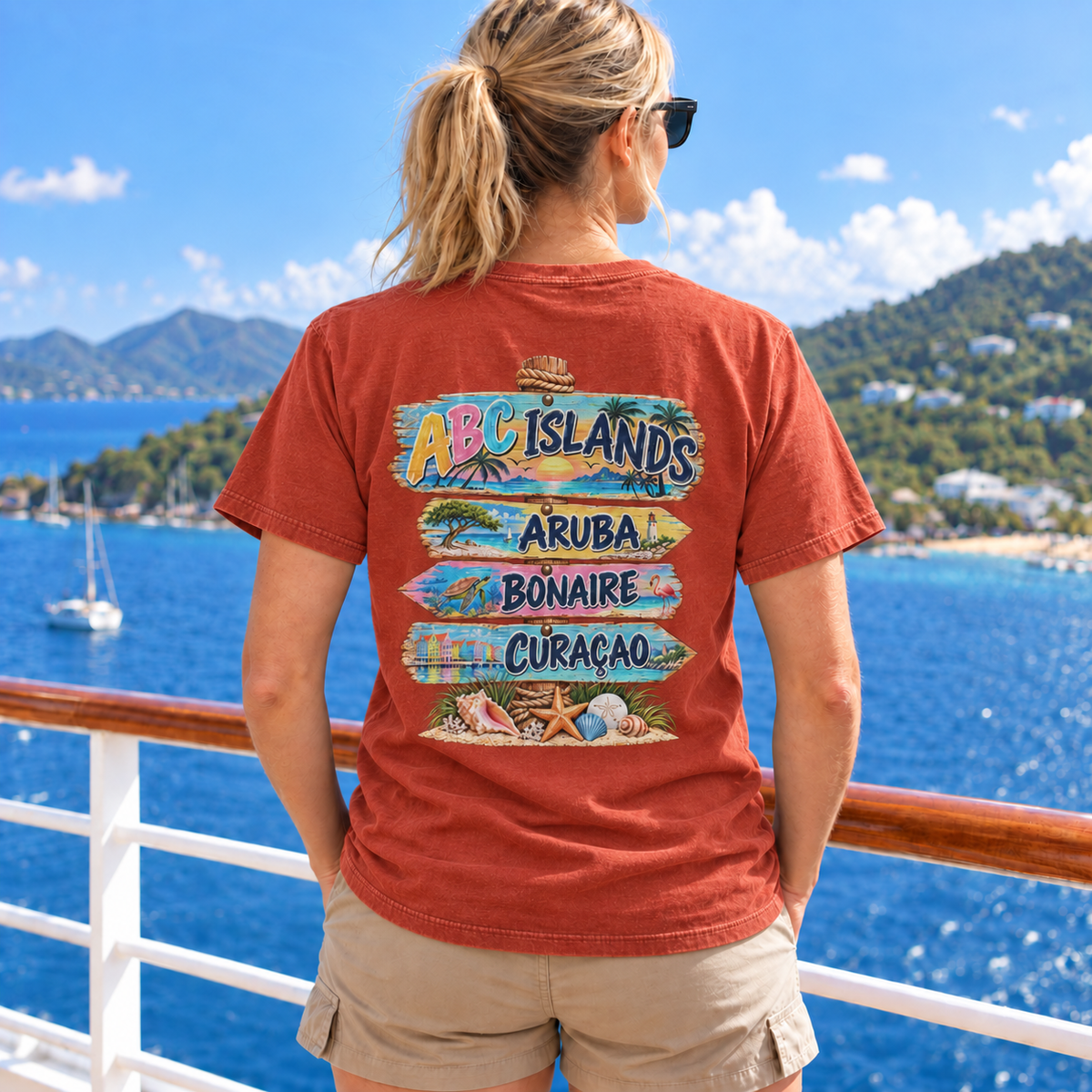 Woman wearing ABC Islands T-Shirt in Paprika, realistic back view