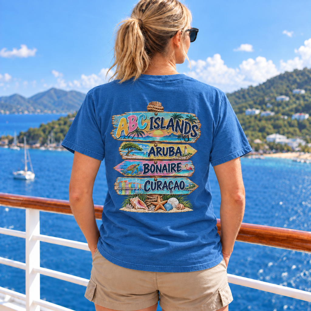 Woman wearing ABC Islands T-Shirt in Sapphire, realistic back view