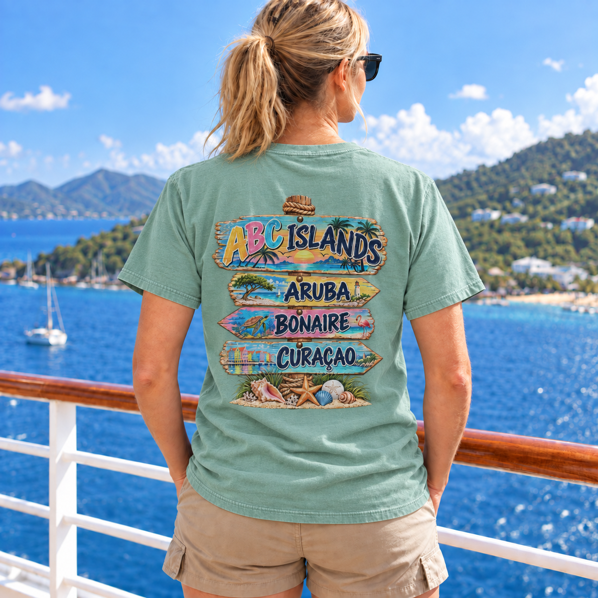 Woman wearing ABC Islands T-Shirt in Seafoam, realistic back view