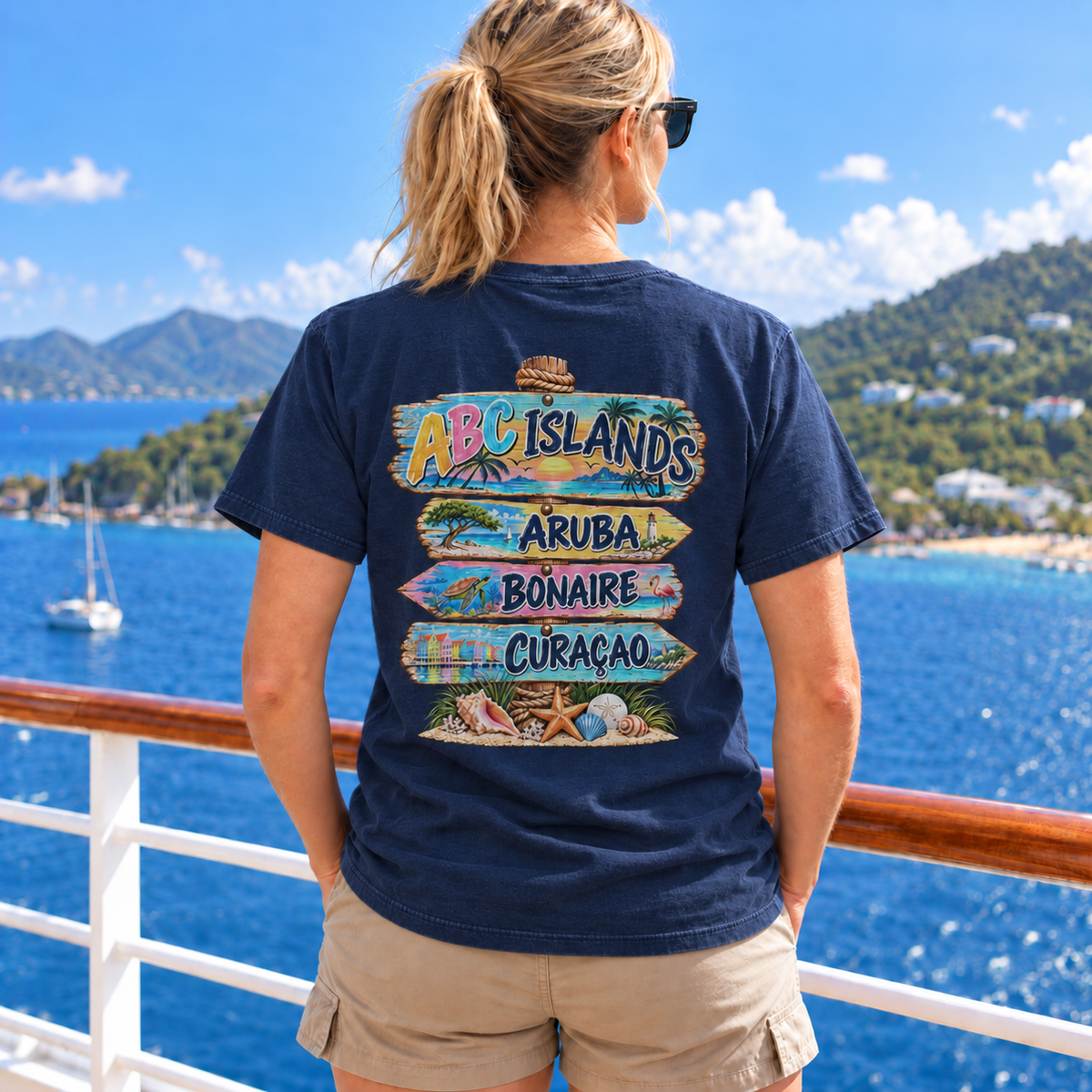 Woman wearing ABC Islands T-Shirt in True Navy, realistic back view