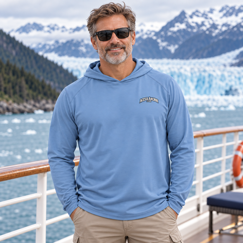 Man wearing the front of the Aces & Anchor Alaska performance hoodie