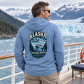 Man wearing Columbia blue Aces & Anchor Alaska performance hoodie on an Alaska cruise ship