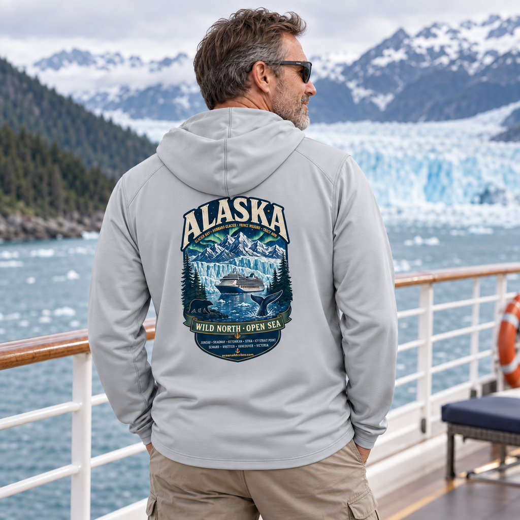 Man wearing Pearl Grey Aces & Anchor Alaska performance hoodie, back view