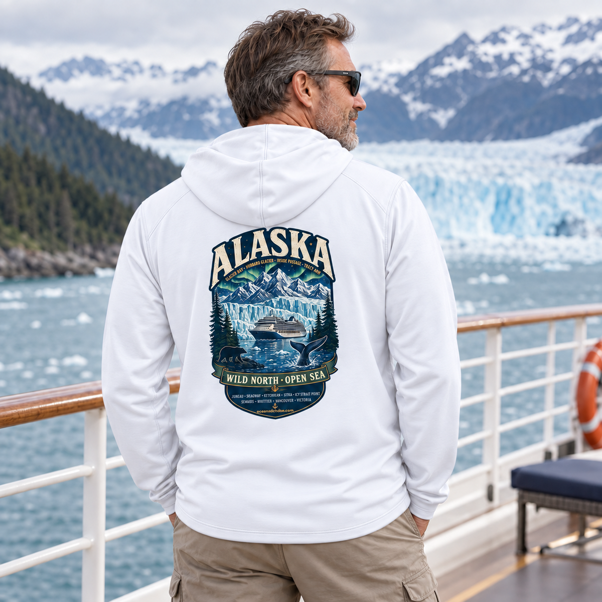Man wearing White Aces & Anchor Alaska performance hoodie, back view