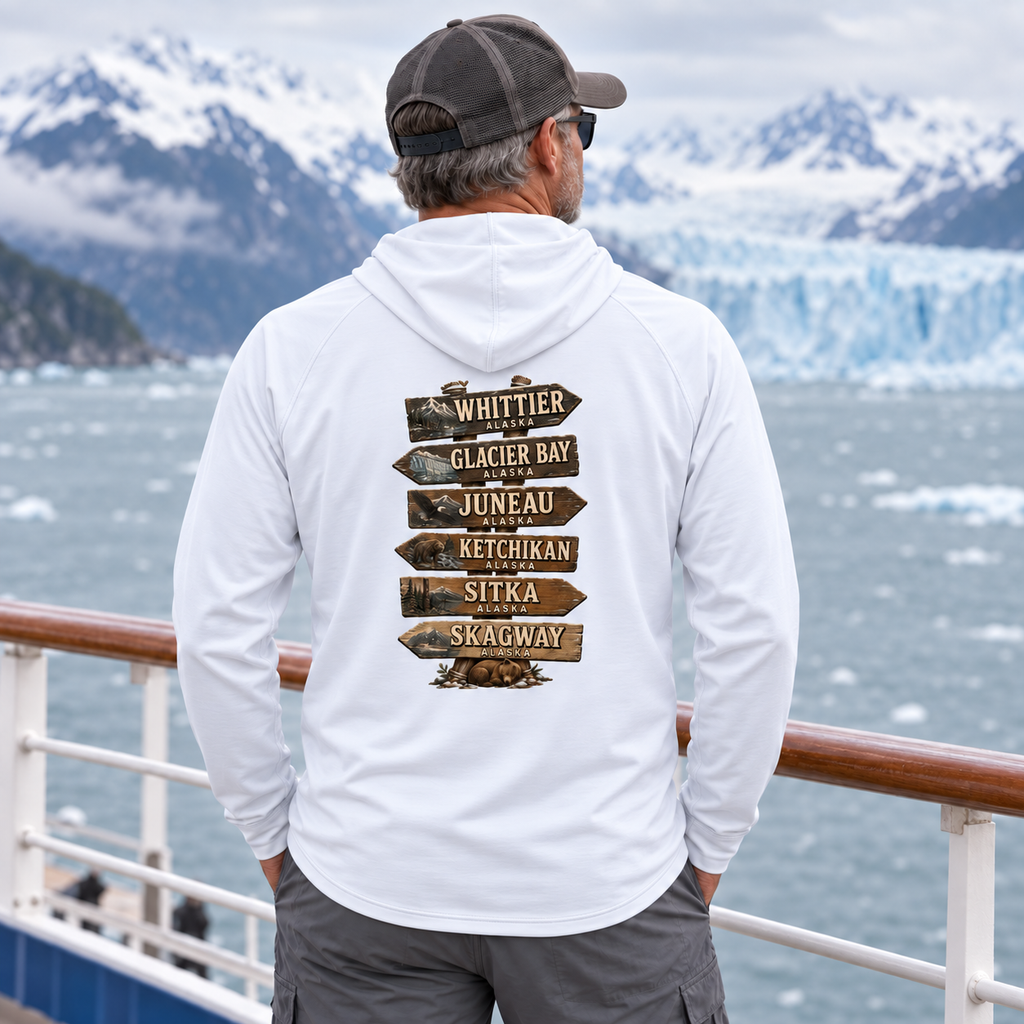 Man wearing White Alaska Town Sign performance hoodie, back view