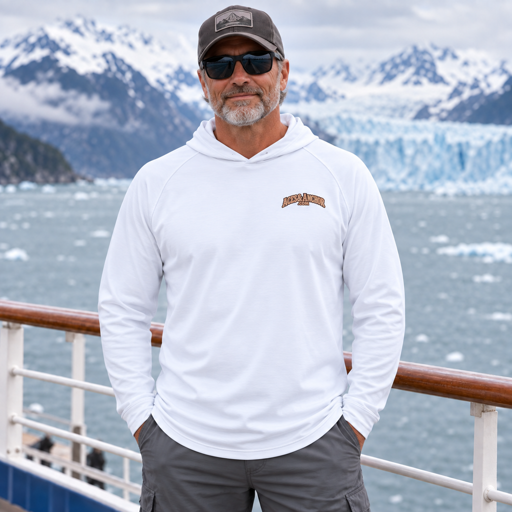 Man wearing White Alaska Town Sign performance hoodie, front view
