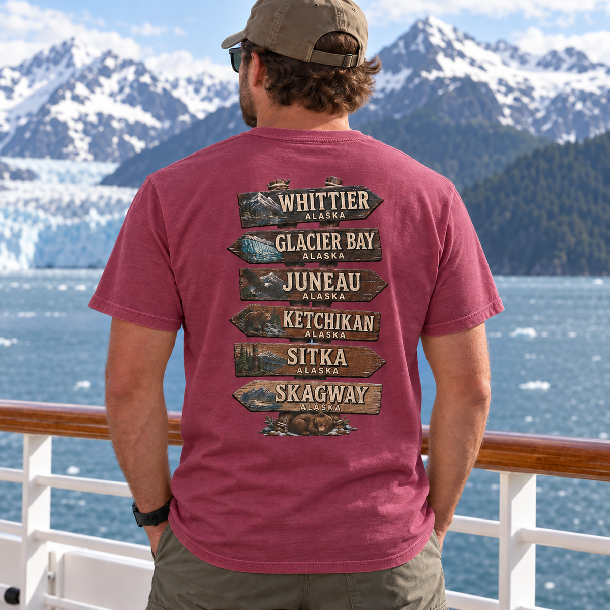Real model wearing Alaska Town Sign T-shirt in Berry, back view