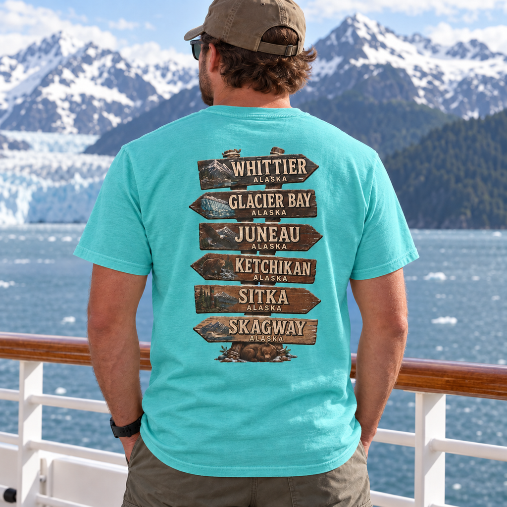 Real model wearing Alaska Town Sign T-shirt in Island Reef, back view