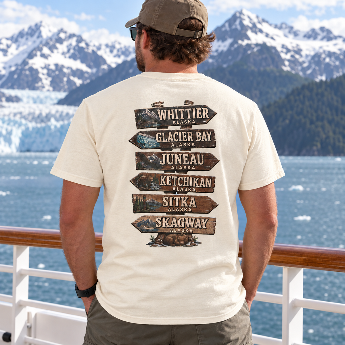 Real model wearing Alaska Town Sign T-shirt in Ivory, back view