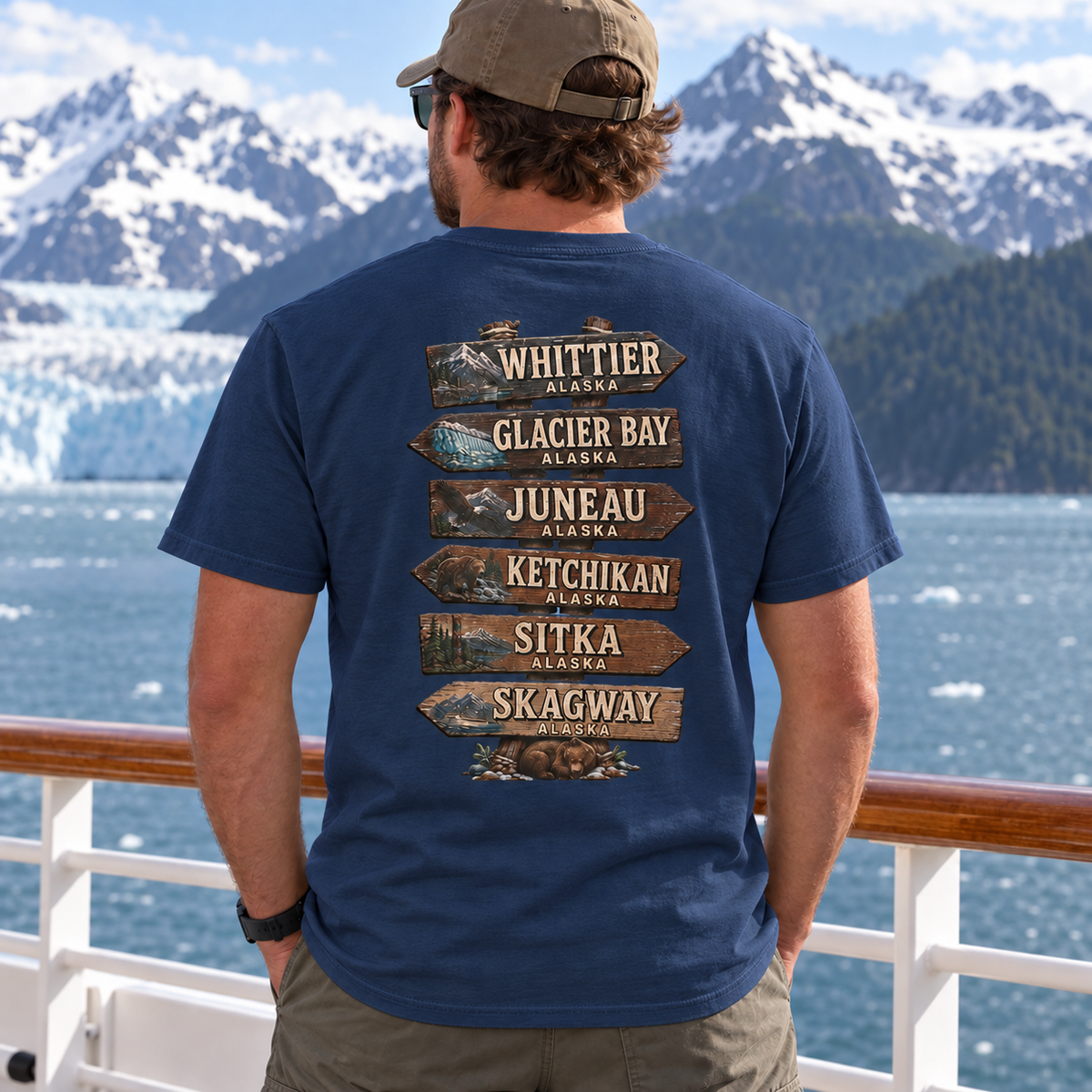 Real model wearing Alaska Town Sign T-shirt in True Navy, back view
