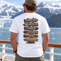 Real model wearing Alaska Town Sign T-shirt in White, back view