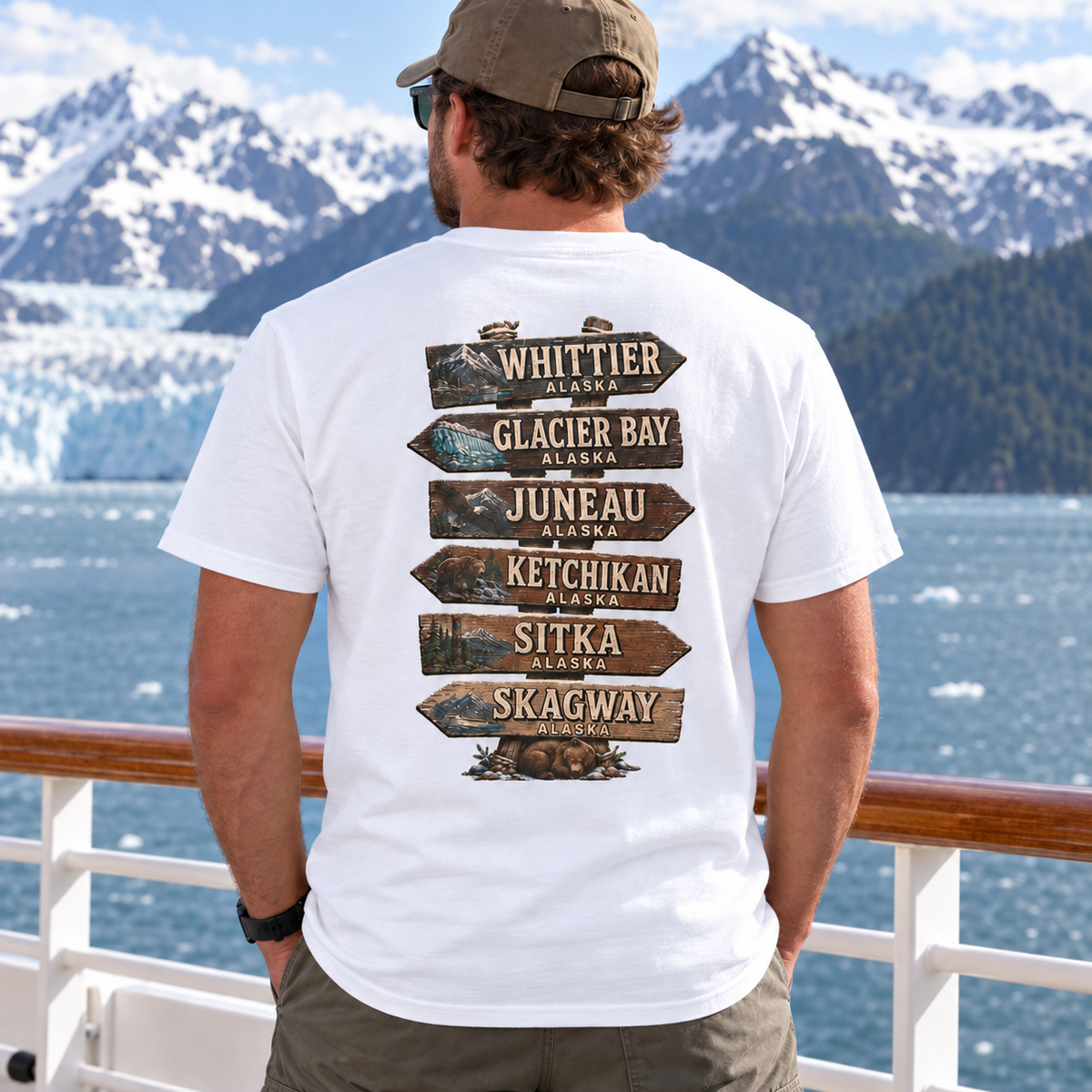 Real model wearing Alaska Town Sign T-shirt in White, back view
