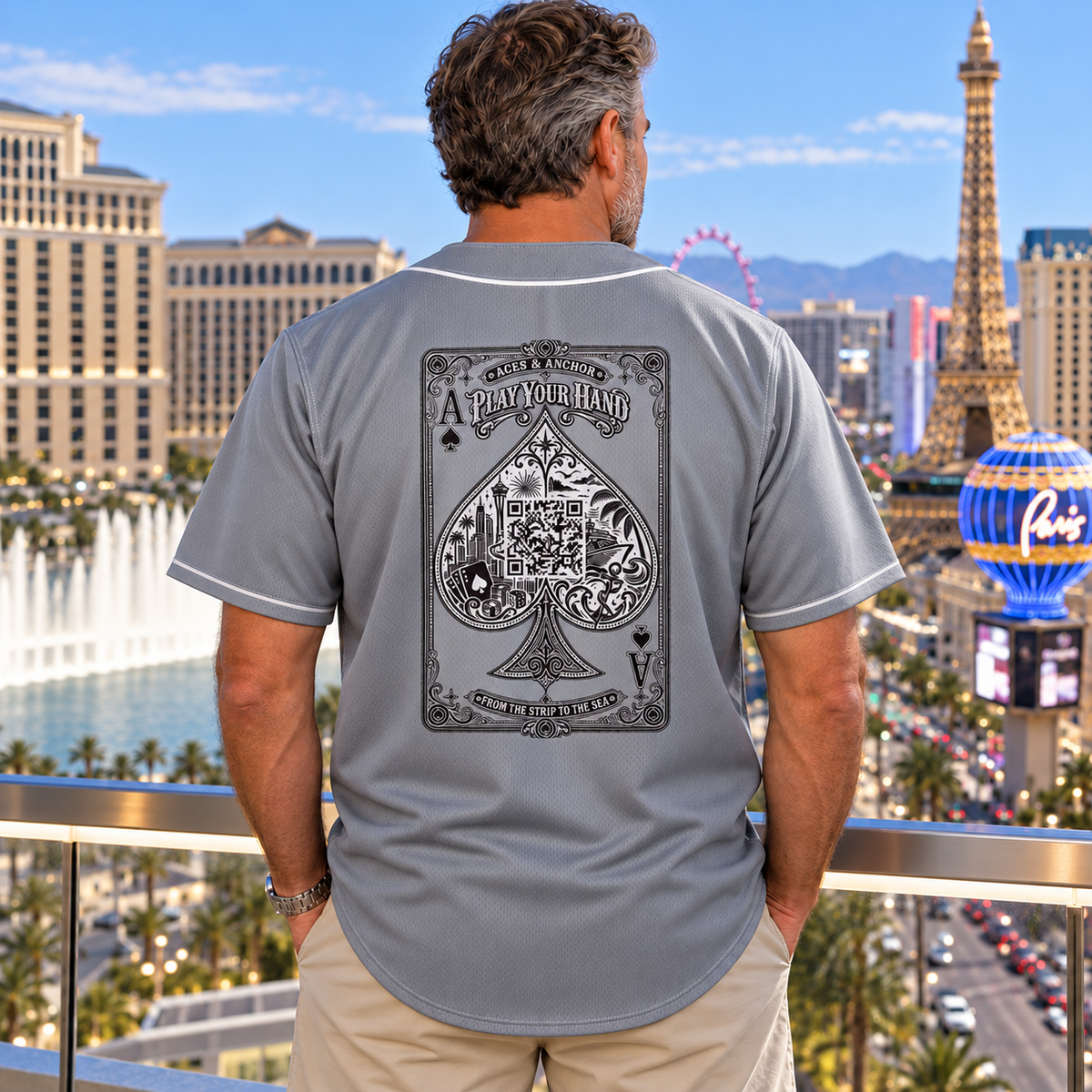 Model wearing Aces & Anchor Black Ace grey baseball jersey, back view