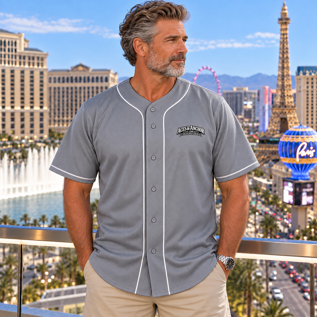 Model wearing Aces & Anchor Black Ace grey baseball jersey, front view