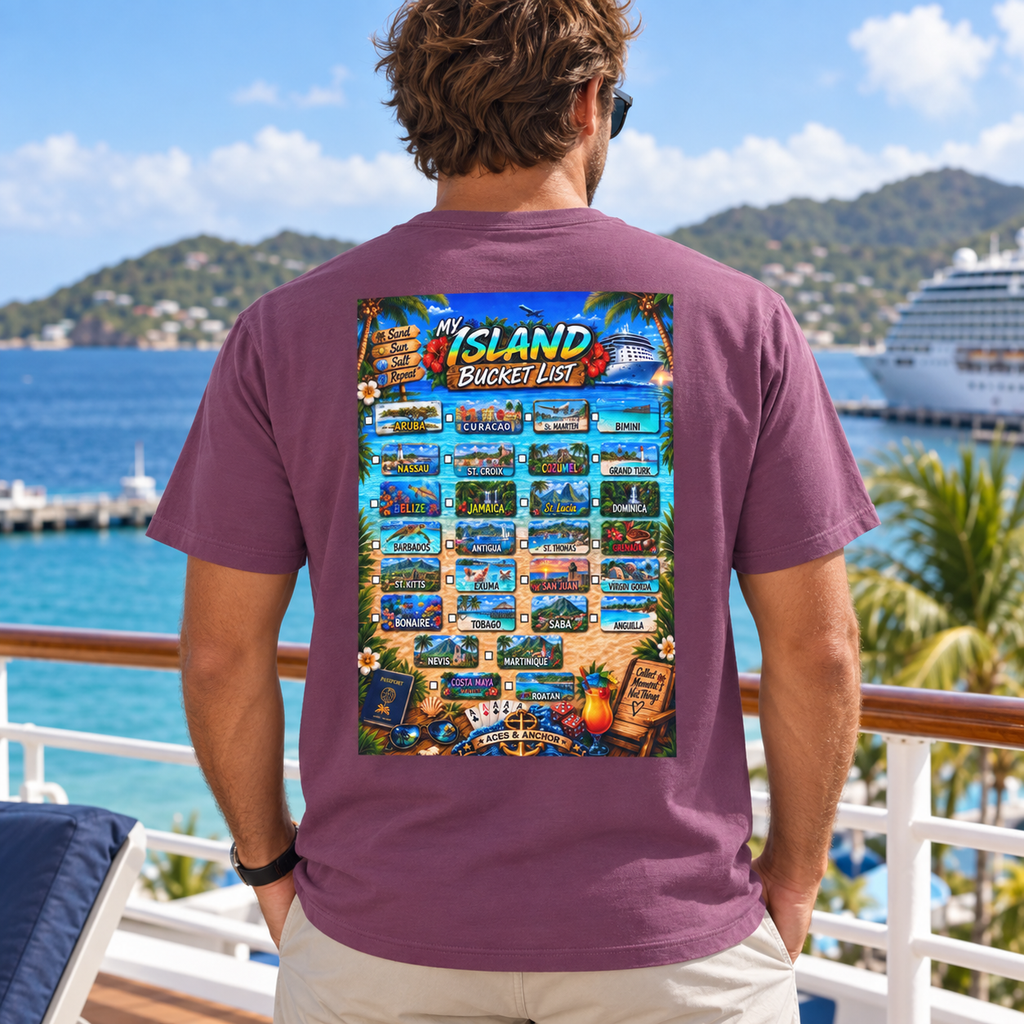 Berry Caribbean Island Bucket List T-shirt on model, back view